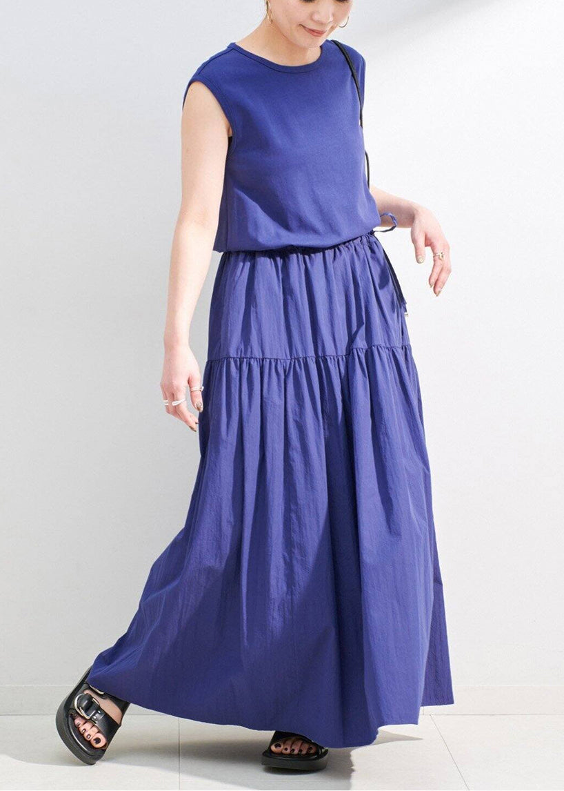French Purple Cinched Patchwork Cotton Maxi Dress Sleeveless