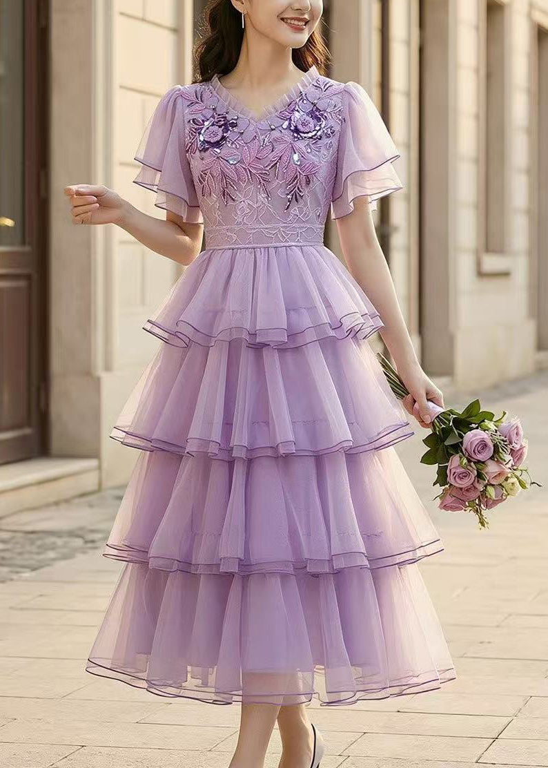 French Purple Embroidered Exra Large Hem Tulle Mid Dress Summer