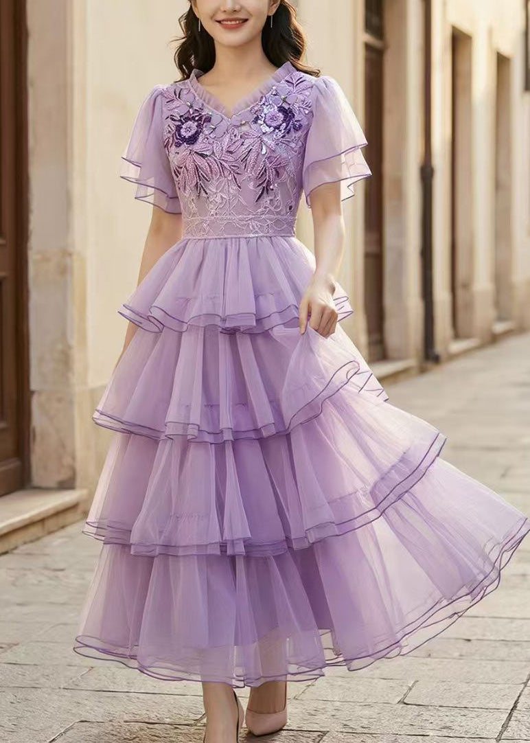 French Purple Embroidered Exra Large Hem Tulle Mid Dress Summer