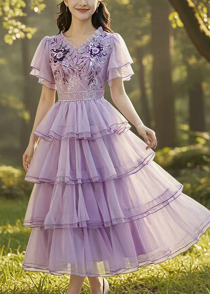 French Purple Embroidered Exra Large Hem Tulle Mid Dress Summer