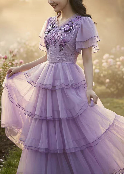 French Purple Embroidered Exra Large Hem Tulle Mid Dress Summer