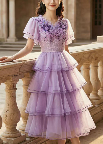 French Purple Embroidered Exra Large Hem Tulle Mid Dress Summer