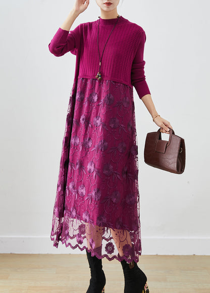 French Purple Embroidered Patchwork Knit Vacation Dresses Fall