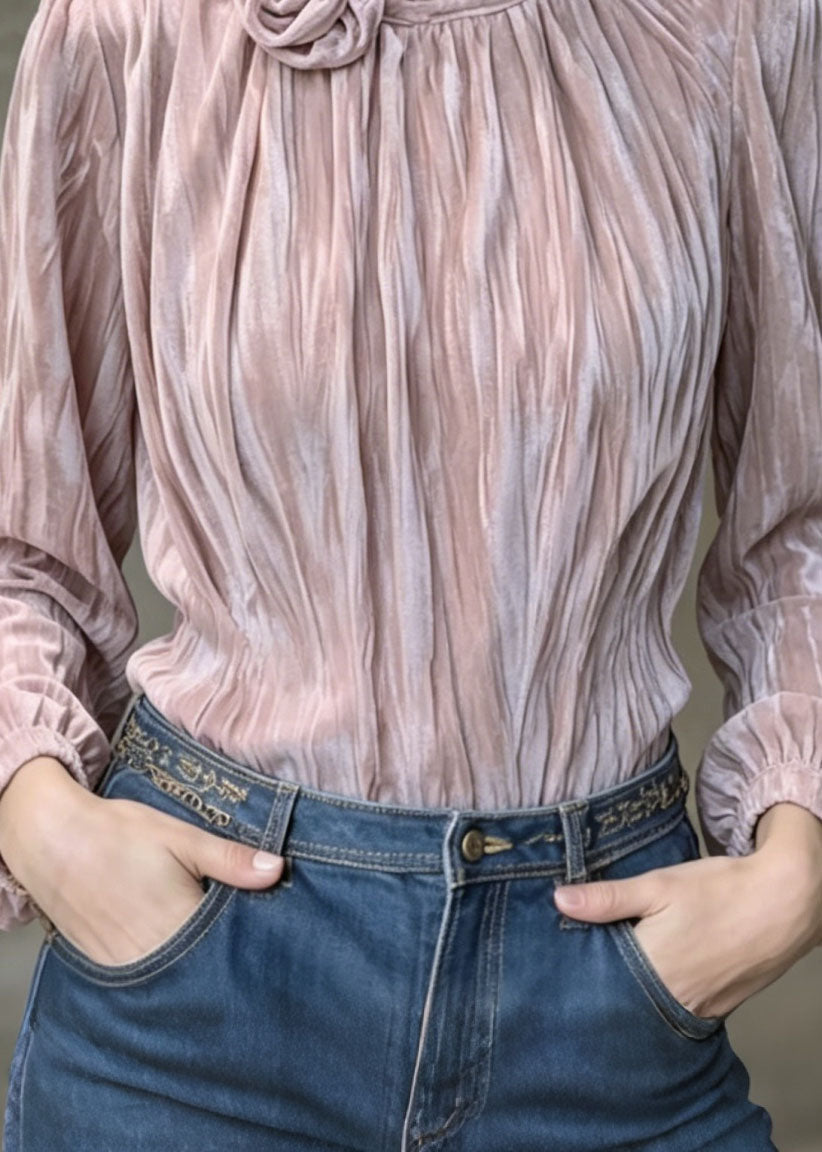 French Purple Floral Wrinkled Velour Shirt Top Spring