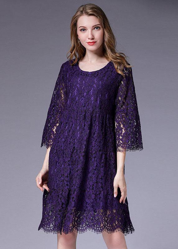 French Purple Half Sleeve Casual Spring Floral Vacation Dresses Half Sleeve - SooLinen