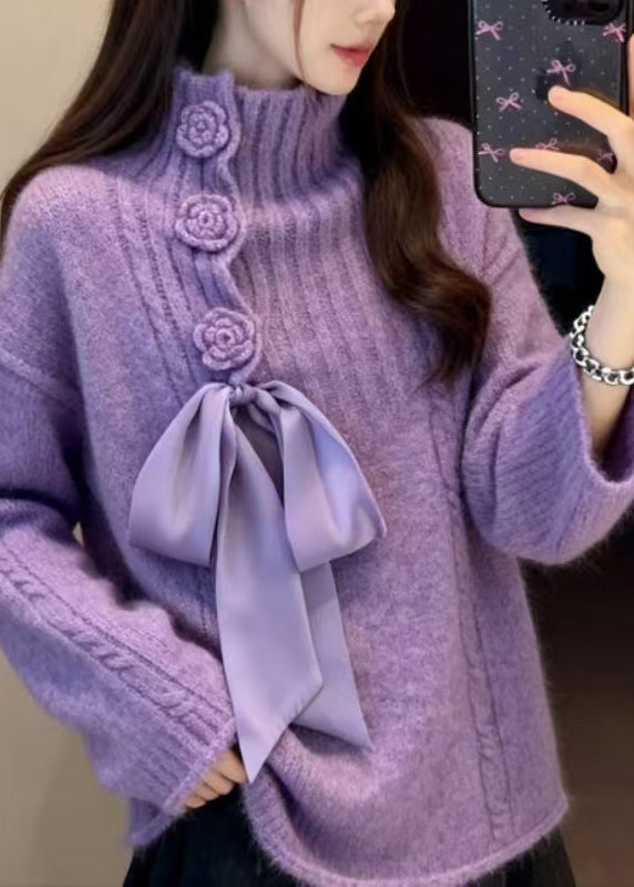 French Purple Hign Neck Floral Knit Sweaters Winter
