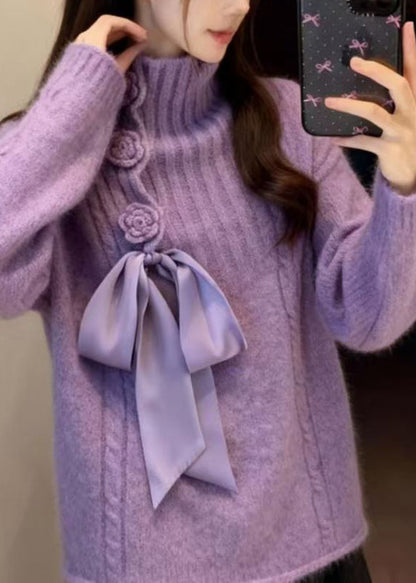 French Purple Hign Neck Floral Knit Sweaters Winter