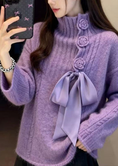 French Purple Hign Neck Floral Knit Sweaters Winter