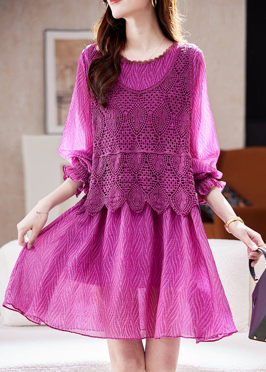 French Purple Hollow Out Knit Patchwork Vacation Chiffon Mid Dresses Lantern Sleeve
