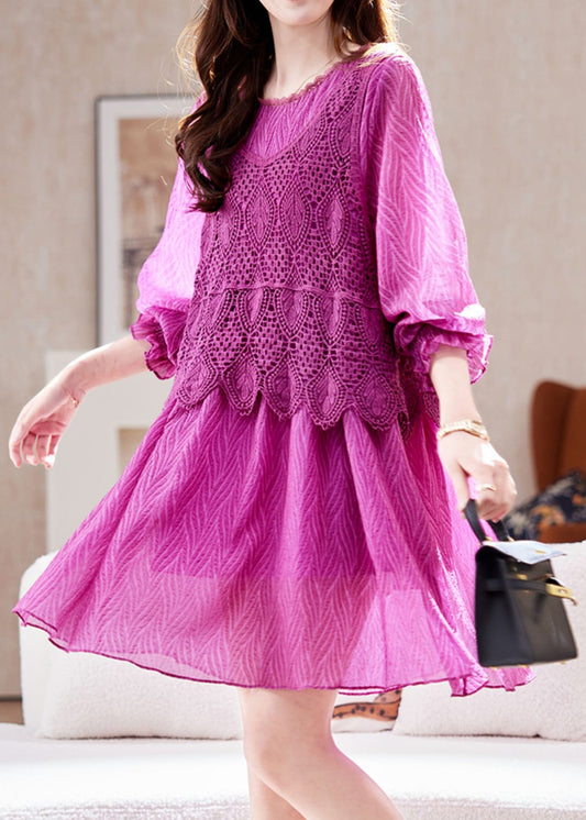 French Purple Hollow Out Knit Patchwork Vacation Chiffon Mid Dresses Lantern Sleeve
