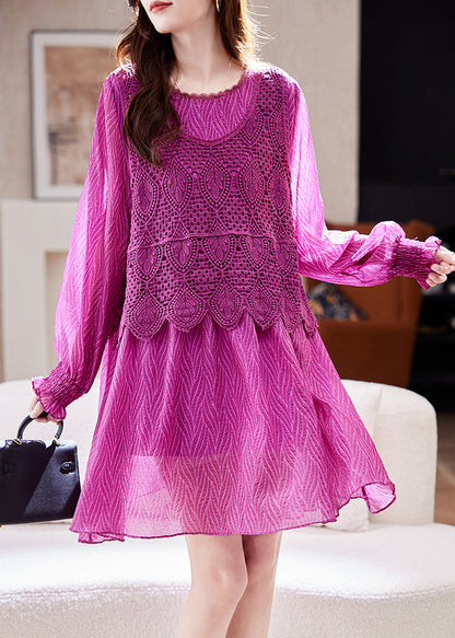 French Purple Hollow Out Knit Patchwork Vacation Chiffon Mid Dresses Lantern Sleeve