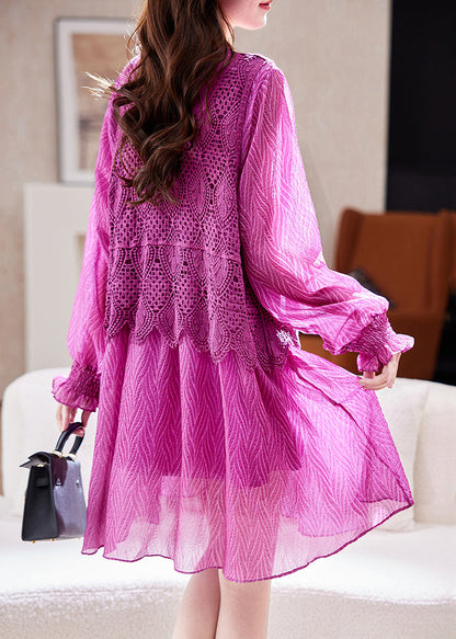 French Purple Hollow Out Knit Patchwork Vacation Chiffon Mid Dresses Lantern Sleeve