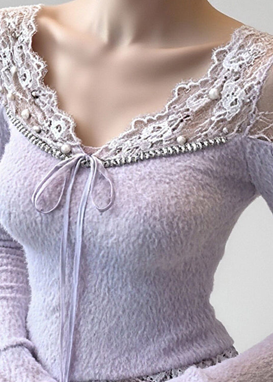 French Purple Lace Nail Bead Patchwork Knit Top Spring