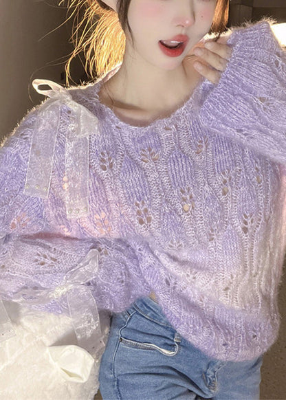 French Purple O Neck Bow Ma Hai Mao Knitted Sweaters Spring