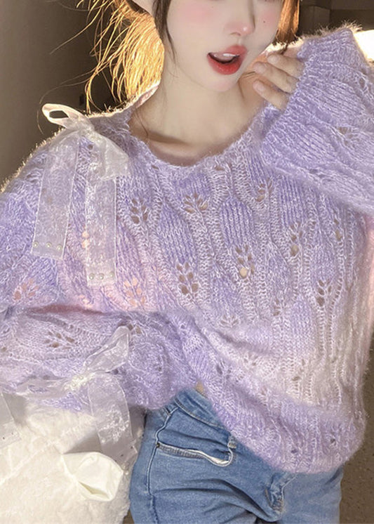 French Purple O Neck Bow Ma Hai Mao Knitted Sweaters Spring