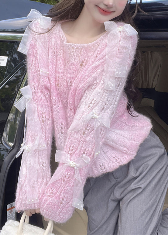 French Purple O Neck Bow Ma Hai Mao Knitted Sweaters Spring