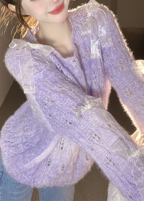 French Purple O Neck Bow Ma Hai Mao Knitted Sweaters Spring