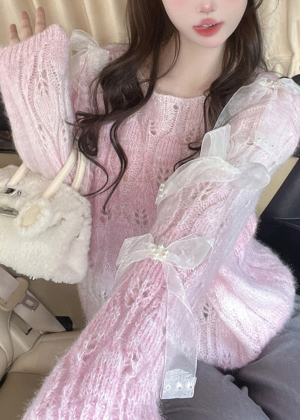 French Purple O Neck Bow Ma Hai Mao Knitted Sweaters Spring