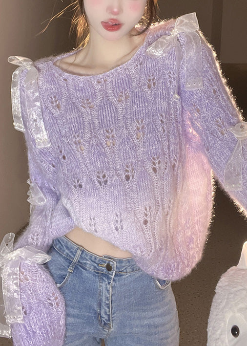 French Purple O Neck Bow Ma Hai Mao Knitted Sweaters Spring