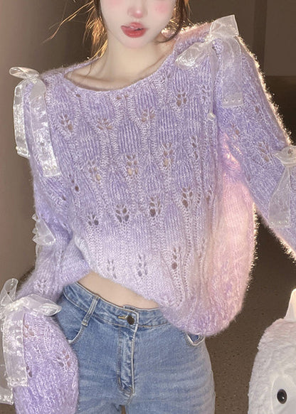 French Purple O Neck Bow Ma Hai Mao Knitted Sweaters Spring