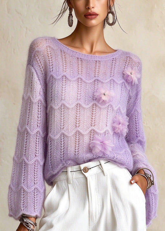 French Purple O Neck Floral Knit Sweaters Fall