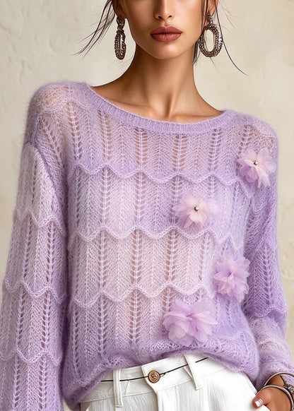 French Purple O Neck Floral Knit Sweaters Fall