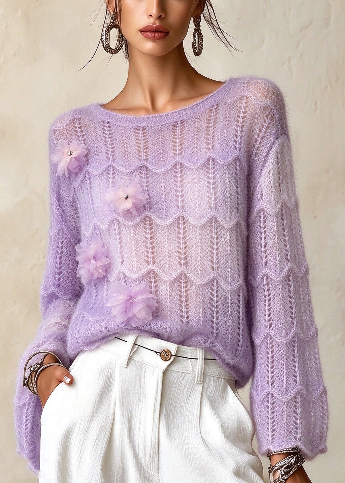 French Purple O Neck Floral Knit Sweaters Fall