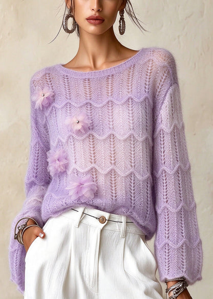 French Purple O Neck Floral Knit Sweaters Fall