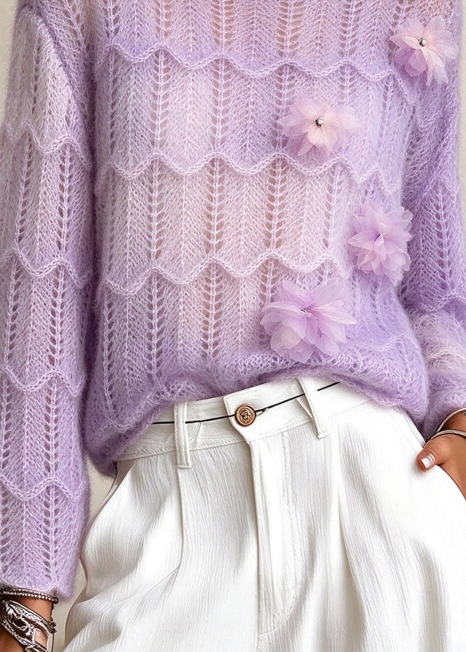 French Purple O Neck Floral Knit Sweaters Fall
