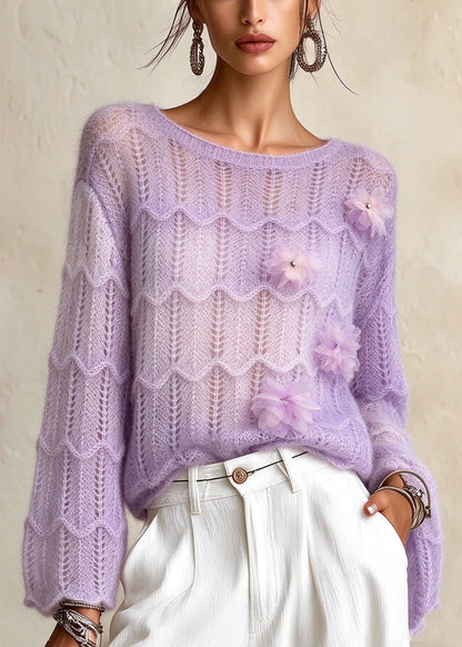 French Purple O Neck Floral Knit Sweaters Fall