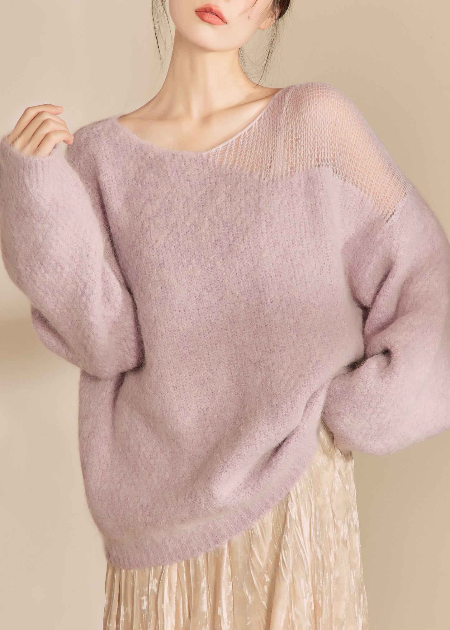 French Purple O Neck Hollow Out Woolen Sweater Tops Spring
