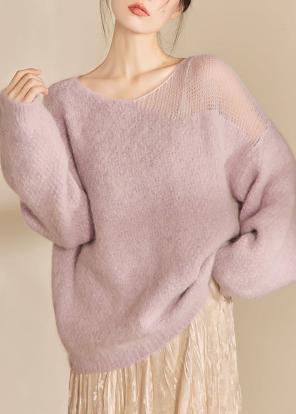 French Purple O Neck Hollow Out Woolen Sweater Tops Spring