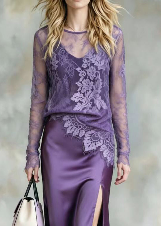 French Purple O-Neck Lace Top And Side Open Skirts Two Pieces Set Long Sleeve