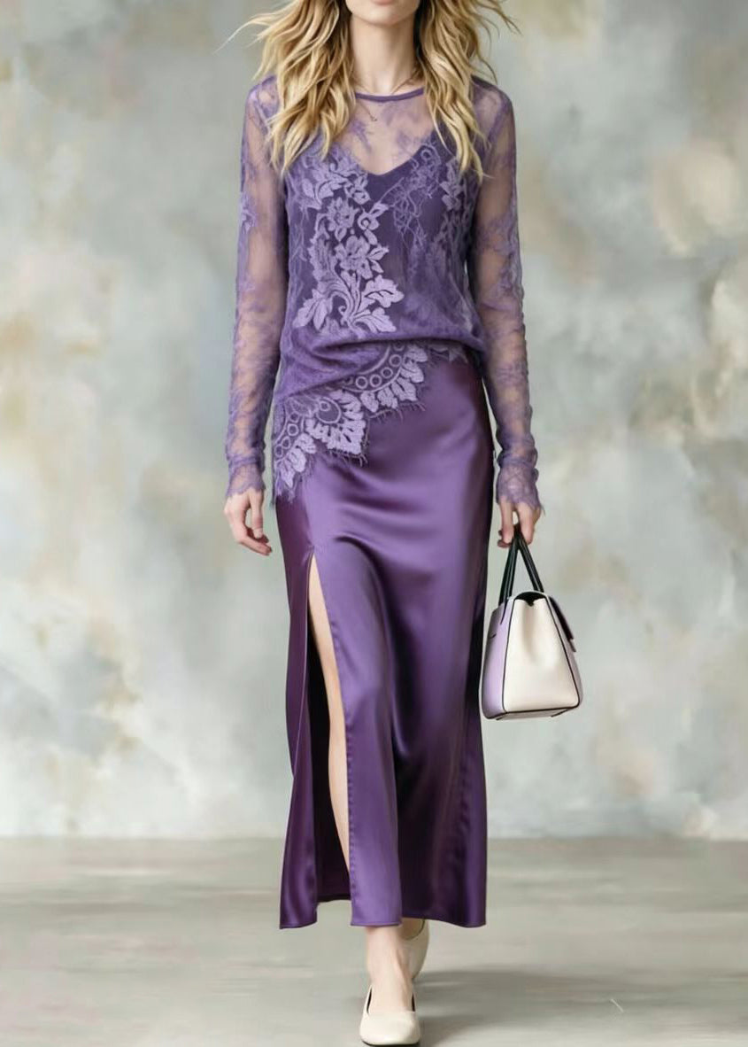 French Purple O-Neck Lace Top And Side Open Skirts Two Pieces Set Long Sleeve