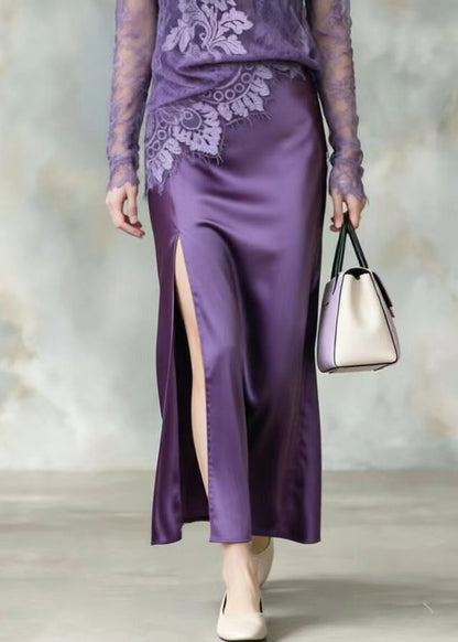 French Purple O-Neck Lace Top And Side Open Skirts Two Pieces Set Long Sleeve