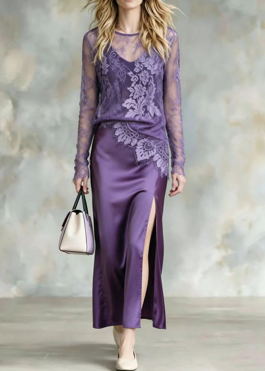 French Purple O-Neck Lace Top And Side Open Skirts Two Pieces Set Long Sleeve