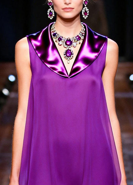 French Purple Peter Pan Collar Patchwork Chiffon Day Dress Sleeveless