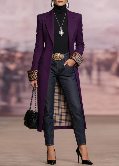 French Purple Peter Pan Collar Pockets Long Trench Coat Spring