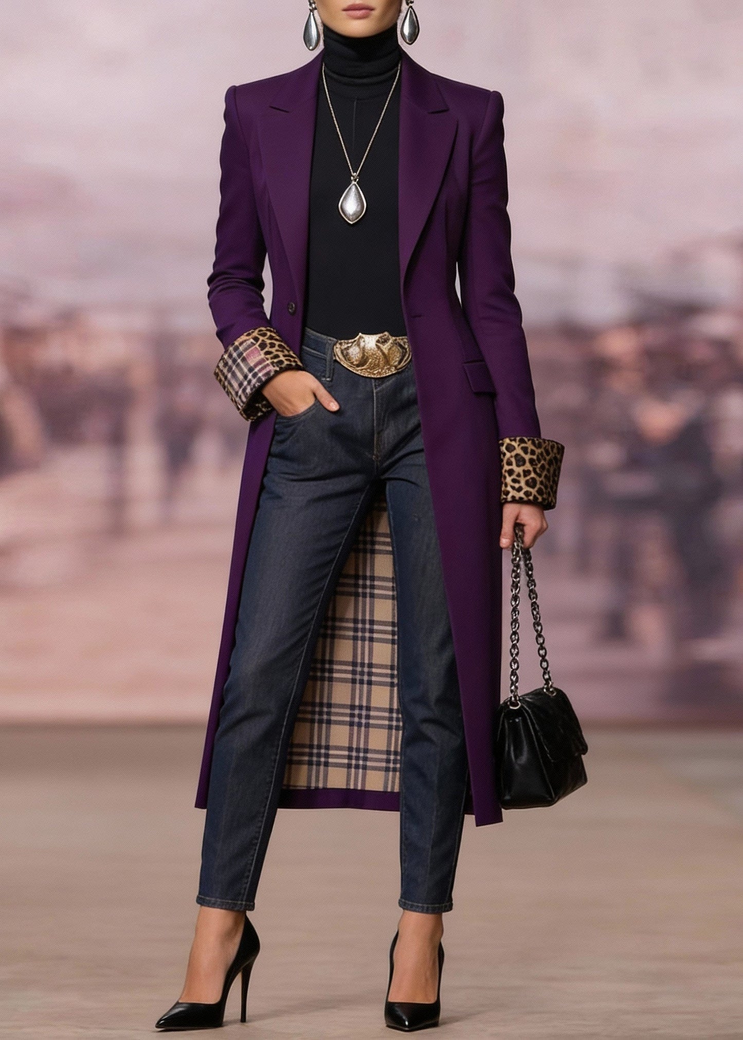 French Purple Peter Pan Collar Pockets Long Trench Coat Spring