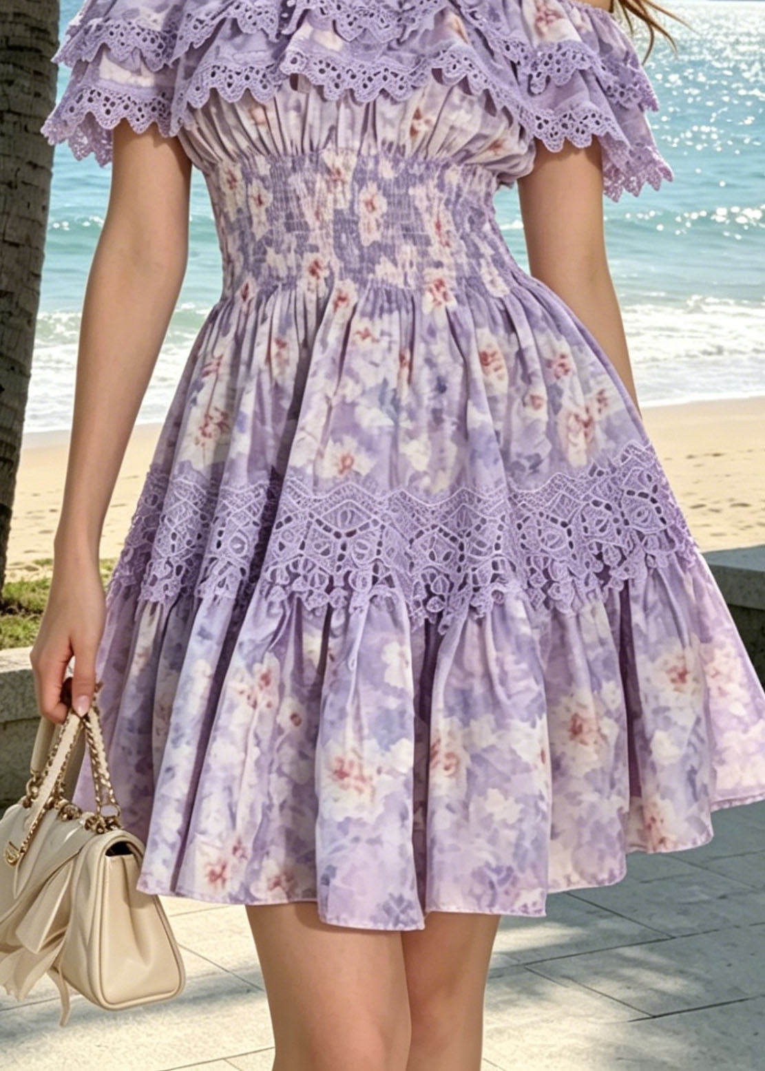 French Purple Print Slash Neck Ruffled Patchwork Cotton Dress Summer
