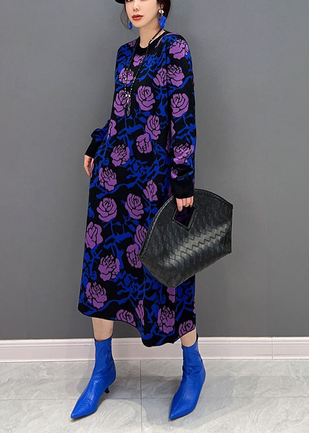 French Purple Rose Print Slim Fit Knit Long Dress Spring