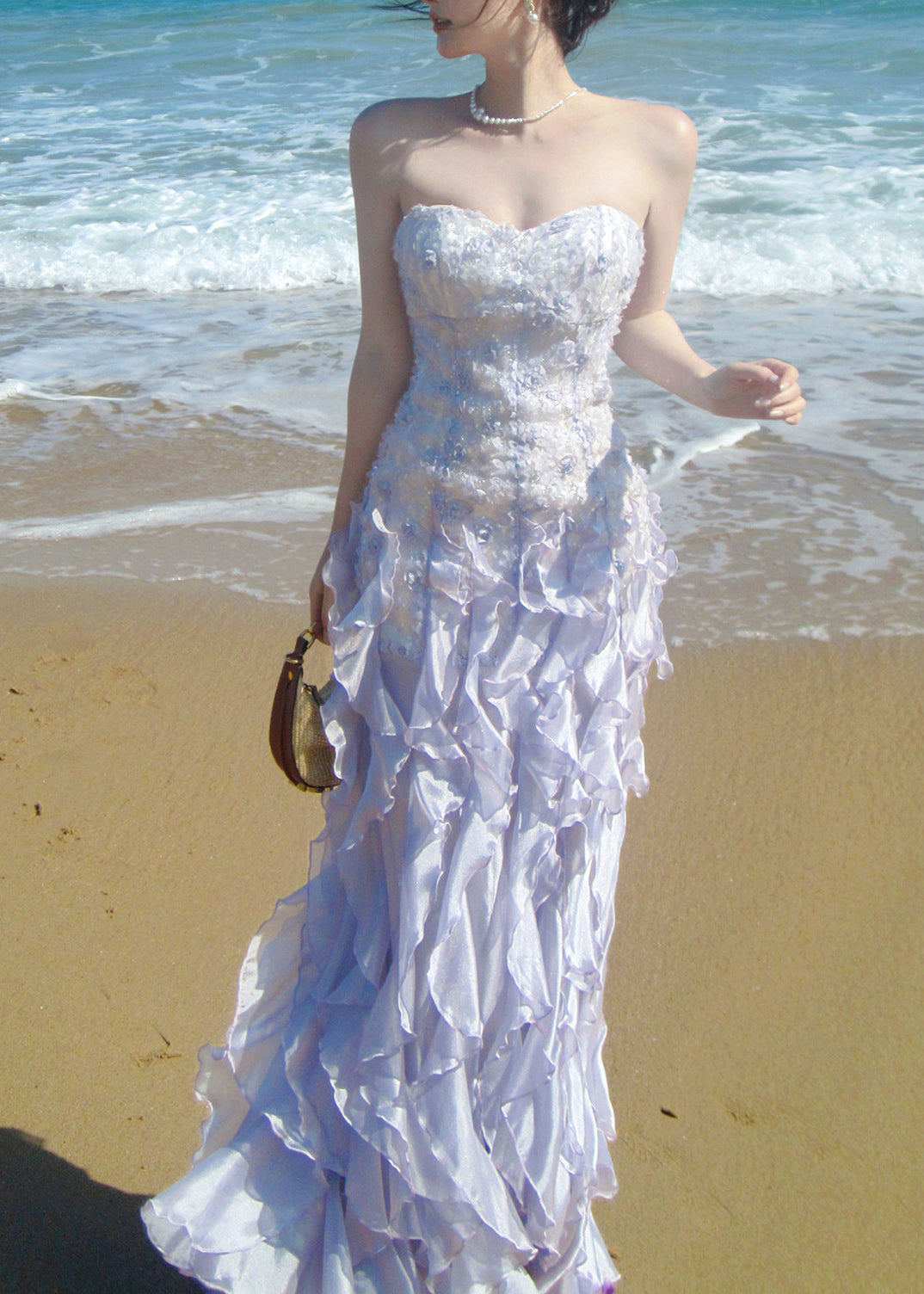 French Purple Ruffled Chiffon Strapless Dress Summer
