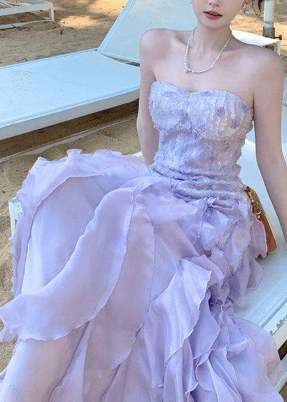 French Purple Ruffled Chiffon Strapless Dress Summer
