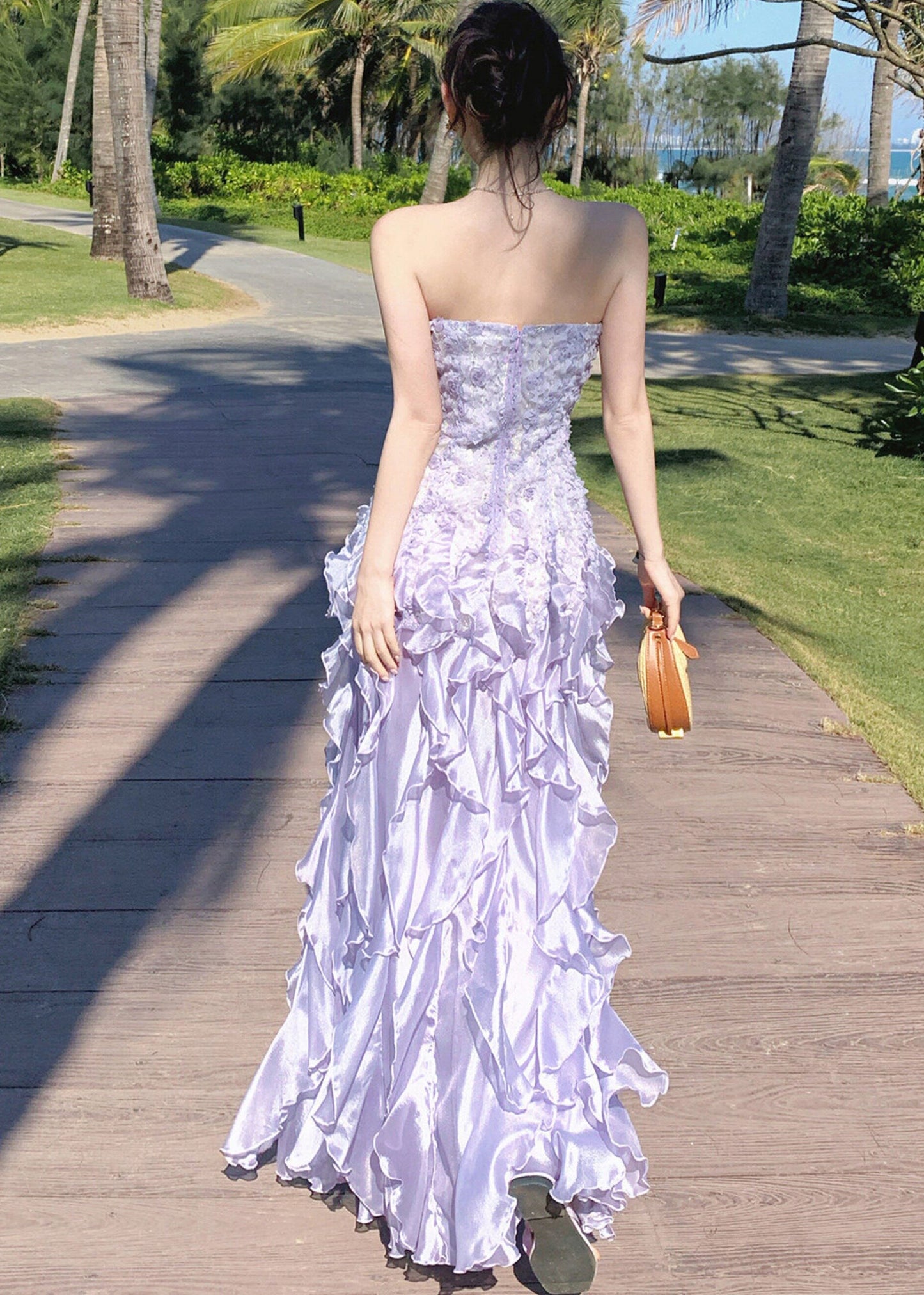 French Purple Ruffled Chiffon Strapless Dress Summer