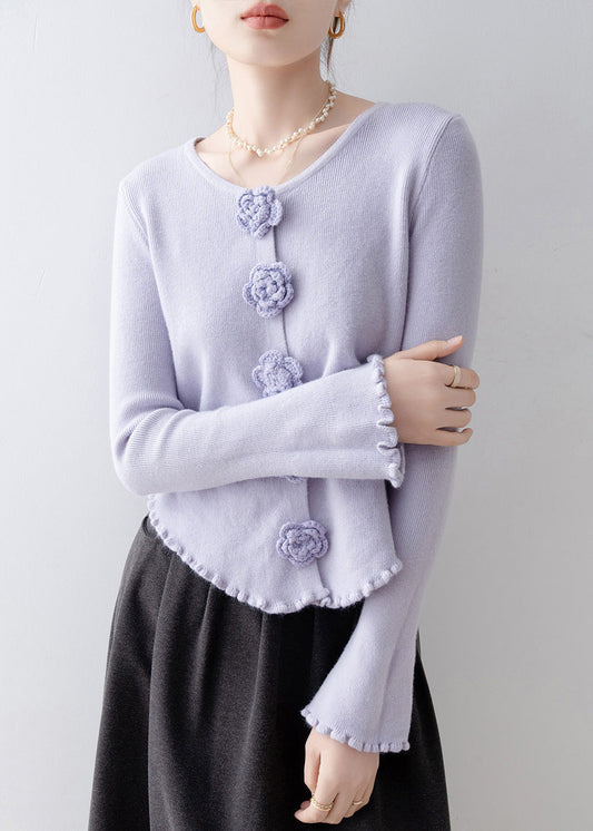 French Purple Ruffled Floral Slim Fit Knitted Tops Spring