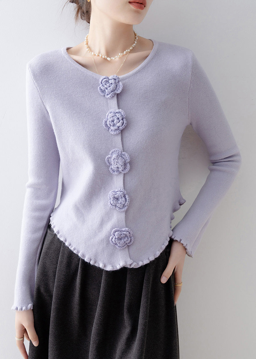 French Purple Ruffled Floral Slim Fit Knitted Tops Spring