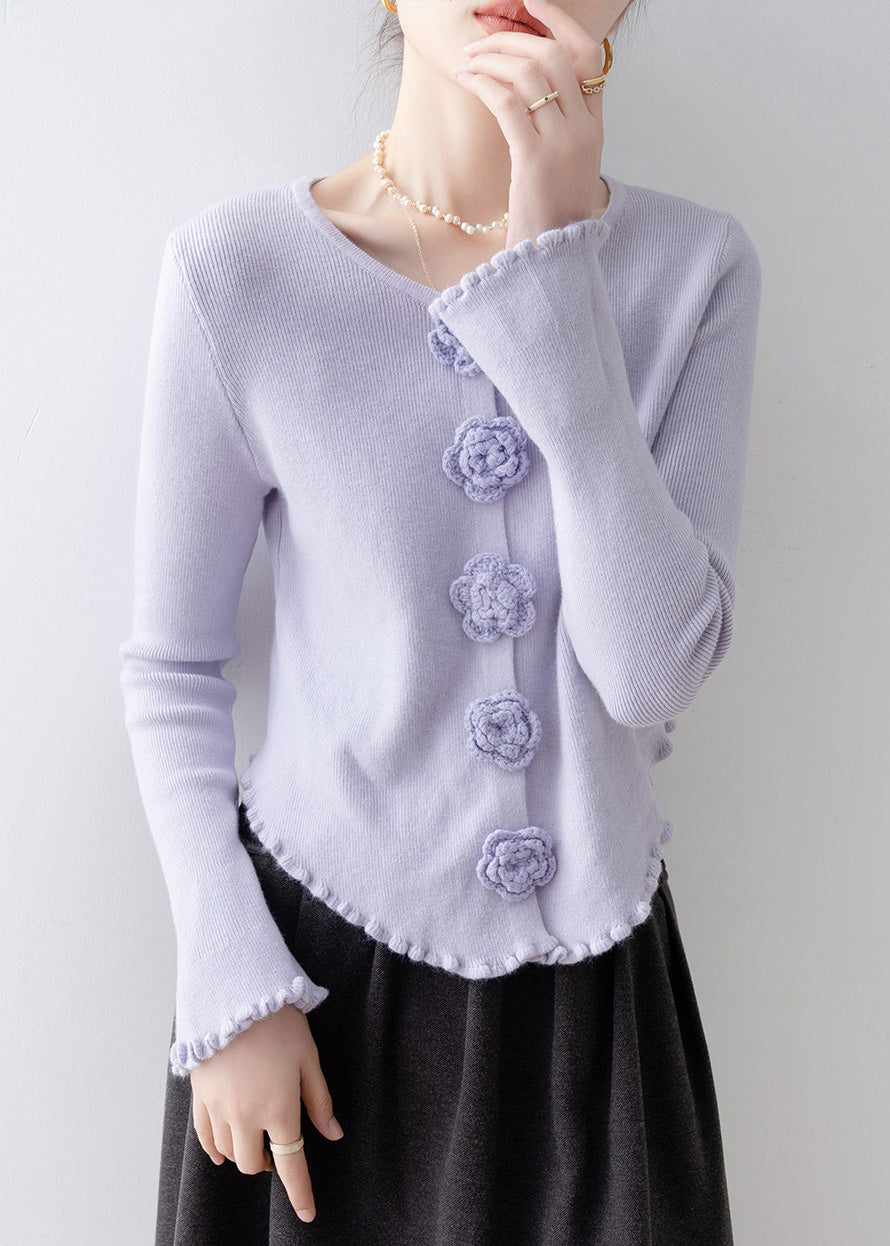French Purple Ruffled Floral Slim Fit Knitted Tops Spring