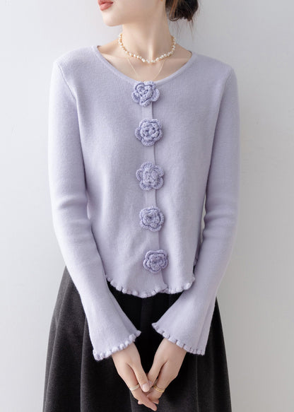 French Purple Ruffled Floral Slim Fit Knitted Tops Spring