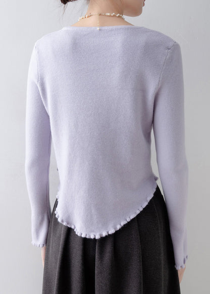 French Purple Ruffled Floral Slim Fit Knitted Tops Spring