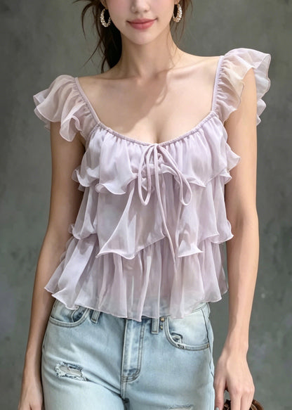 French Purple Ruffled Lace Up Patchwork Chiffon Tops Summer